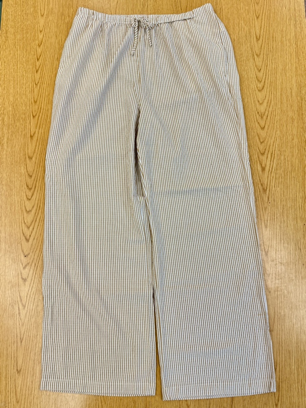 Mahina Tan & White Striped Wide Leg Pull On Drawstring Pants Size L